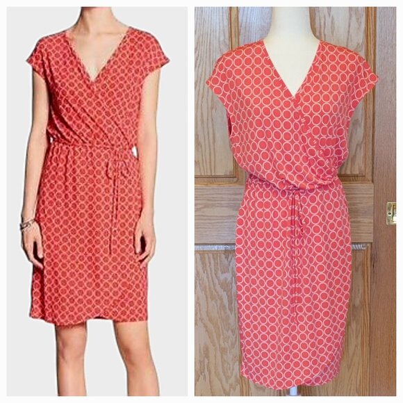 Banana Republic True Wrap Dress Coral White Knee Length Cap Sleeve V-Neck NEW - Picture 1 of 10